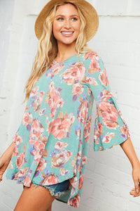 Minty Blue Floral Bell Sleeve Tunic