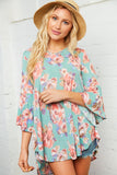 Minty Blue Floral Bell Sleeve Tunic