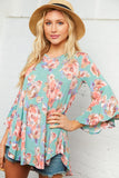 Minty Blue Floral Bell Sleeve Tunic