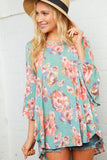 Minty Blue Floral Bell Sleeve Tunic