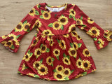 Brick Red Sunflowers Ruffle Sleeve Dress (Fall 2021081014)-sparkledots-sparkledots