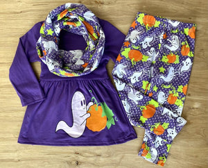 Pumpkin Patch Ghosts Purple Top w/Matching Pants 'n Scarf (Fall 2021071062)