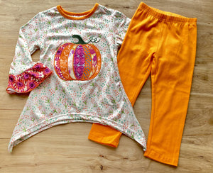 Oatmeal Floral Pumpkin Patchwork Pants Set (Fall 2021071112)