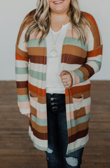 Stripe Print Open Front Plus Size Cardigan with Pocket preorder