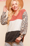 Cashmere Feel Leopard Bubble Sleeve V Neck Top