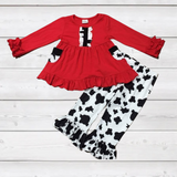 Red Ruffle Top /Cowprint Pockets, & Bell Bottom Pant Set (FSP1281)  [PREORDER]