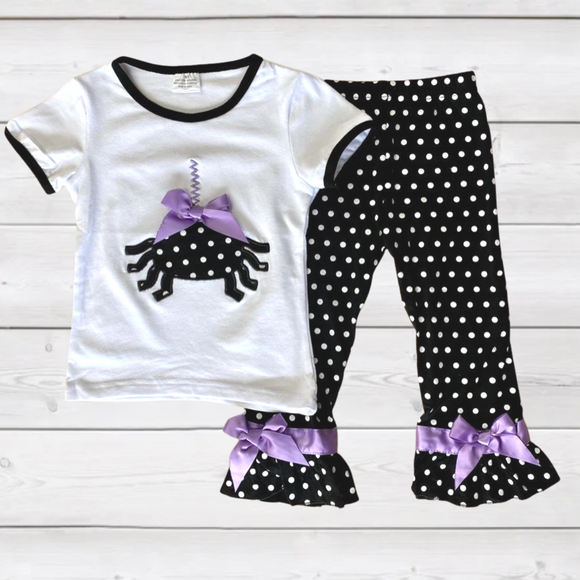 Black 'n White Polka Dot Spider w/Purple Bows and Ruffle Pant Set (Fall 2021071067)