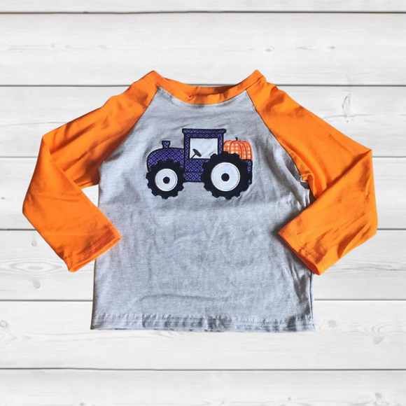 Gray and Orange Pumpkin Tractor Appliqué Raglan (Fall 2021071114)