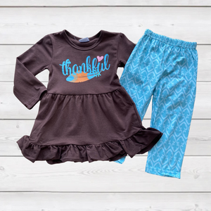 "Thankful" Feather Brown & Teal Pant Set-sparkledots-sparkledots