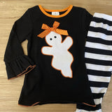 Girl Ghost Applique on Black Ruffle Sleeve Top w/Black 'n White Stripe Ruffled Pants (Fall 2021071072)