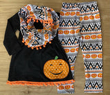 Happy Pumpkin Black w/Orange PomPoms Top and Aztec/Pumpkin Pants 'n Scarf Set (Fall 2021071044)