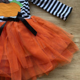 Black 'n White Striped Orange Tutu Pumpkin Applique Dress (Fall 2021071094)