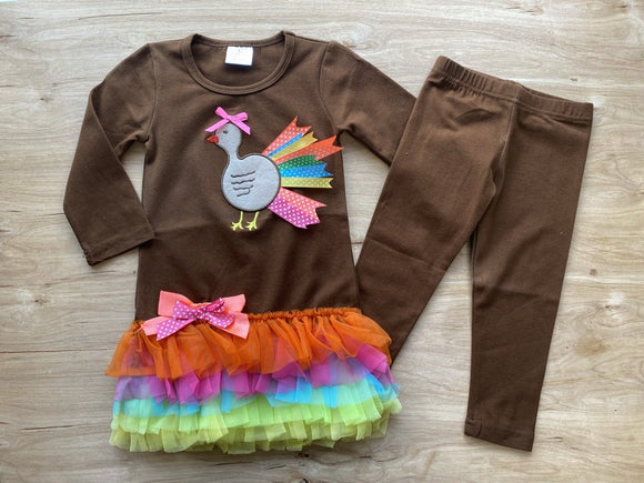 Ribbon-Festooned Brown Turkey Tutu Tunic with Leggings (Fall 2021071088)