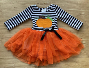 Black 'n White Striped Orange Tutu Pumpkin Applique Dress (Fall 2021071094)