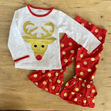 Gold 'n Red Polka Dot Reindeer Ruffle Pants Outfit (HOLIDAY 2021070039)