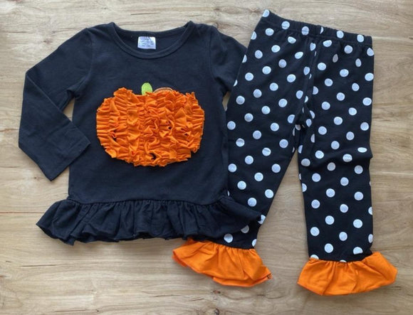 Gathered Orange Ruffled Pumpkin Accenting Black Ruffled Top and Black 'n White Polka Dot Pants Set  (Fall 2021071104)