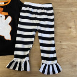 Girl Ghost Applique on Black Ruffle Sleeve Top w/Black 'n White Stripe Ruffled Pants (Fall 2021071072)