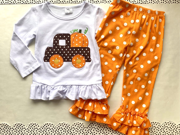 Pumpkin Delivery Shirt with Orange 'n White Polka Dot Ruffle Pants Outfit (Fall 2021071036)