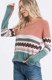 Marsala/Jade COLOR BLOCK LONG SLEEVE TOP