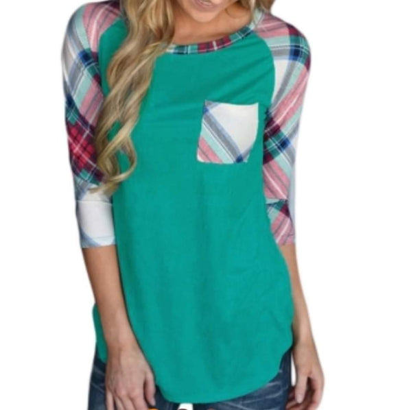 Teal Plaid Raglan Quarter sleeve