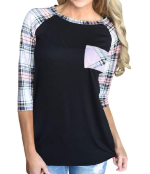 Black and Pink Plaid Raglan Quarter sleeve