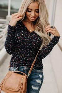 Navy Button V Neck Long Sleeve Floral Top