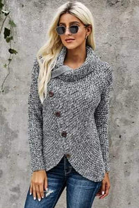 Heather Gray Buttoned Wrap Turtleneck Sweater