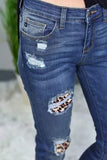 Leopard Patch Destroyed Skinny Blue Jeans