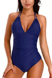 Navy Blue Adjustable Halterneck One Piece Swimsuit