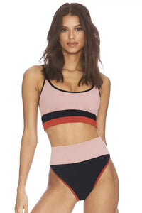 Apricot Spaghetti Straps Colorblock Ribbed High Waist Bikini