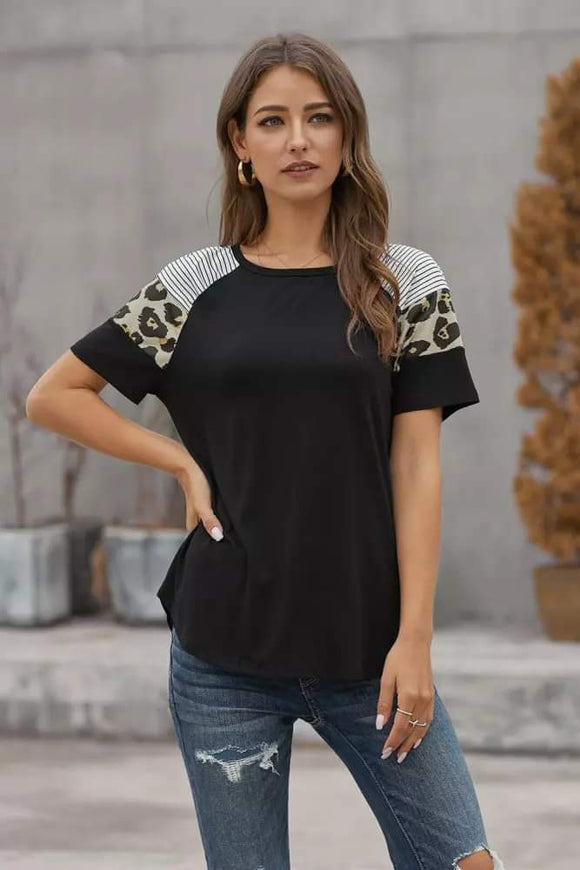 Black Striped Leopard Print Short Sleeve