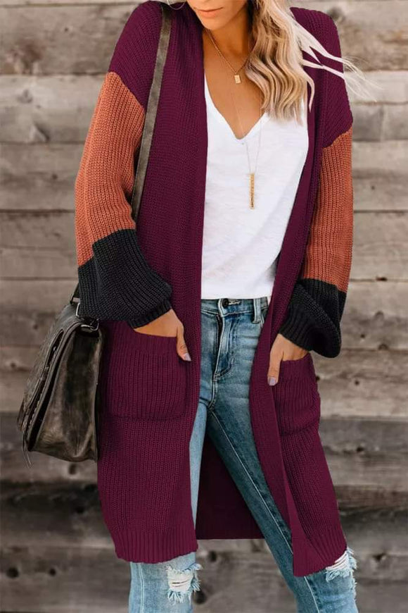 Wine Cotton-blend Pocketed Colorblock Cardigan