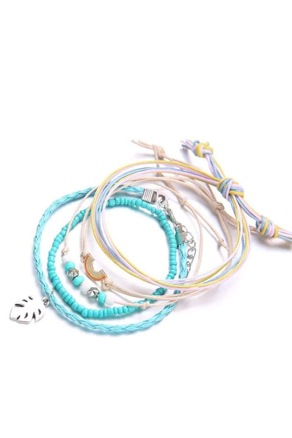 5pc Leaves Rainbow Beaded Braided Bracelet Set