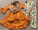 Orange High-Low Ruffled Top w/Matching Pumpkin Patch Pants 'n Scarf Set (Fall 2021071108)