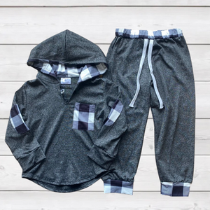 Charcoal Hoodie Set wBlack/White Buffalo Plaid Trim (FP1026)-sparkledots-sparkledots