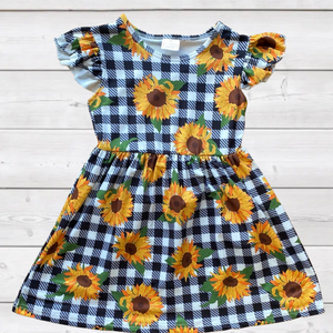 Sunflowers & Ruffled Black'n White Check Dress (FP1038)