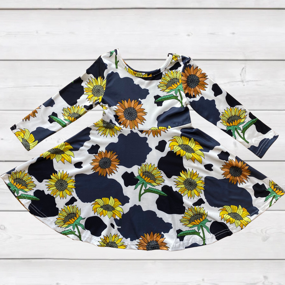 Sunflowers on Cowhide Twirly Dress (FSP1047)-sparkledots-sparkledots