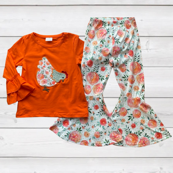 Henrietta Hen Orange Ruffled Top w/Matching Bell Bottoms (FP1051)-sparkledots-sparkledots