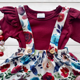 Maroon Ruffled Top w/Floral Jumper (FP1059)-sparkledots-sparkledots