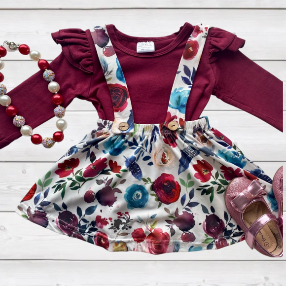 Maroon Ruffled Top w/Floral Jumper (FP1059)-sparkledots-sparkledots