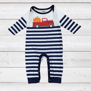 Red Truck Pumpkin Delivery on Navy & White Stripe Romper (FSP1135)