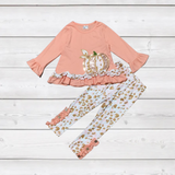 Peach Ruffled Sequin Pumpkin Top w/Animal Print Pants (FSP1005)