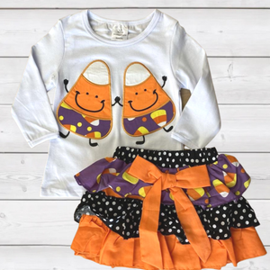 Dancing Applique Candy Corn Top w/Ruffled Black 'n White Polka Dot Skirt (Fall 2021071054)