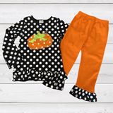 Black 'n Orange Polka Dot Deluxe Ruffled Applique Outfit (Fall 2021071033)