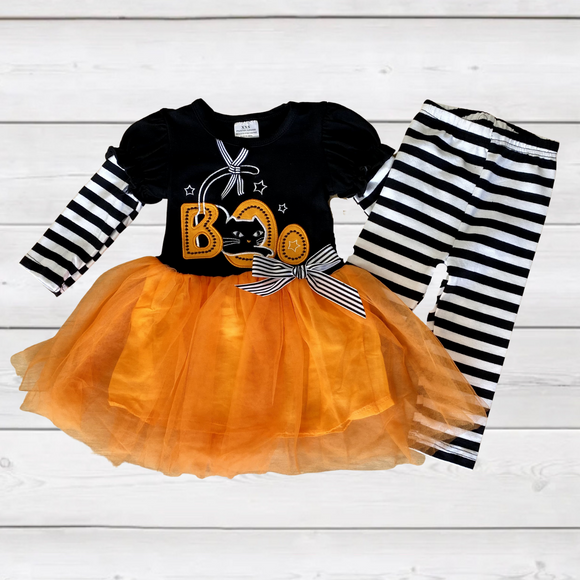 Black Cat BOO Dress w/Orange Tutu and Black 'n White Stripe Sleeves 'n Pants (Fall 2021071068)