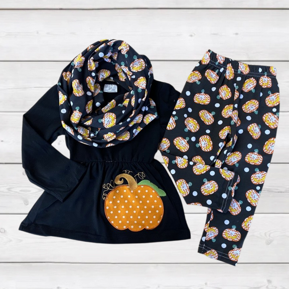 Black 'n Orange Appliqued Pumpkin Scarf Outfit (Fall 2021071051)-sparkledots-sparkledots