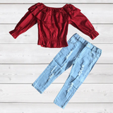 Maroon Ruffle Neck Top with Distressed Light Wash Denim Outfit (AUGCU1044)-sparkledots-sparkledots