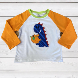 Blue Pumpkin Eating Dinosaur Shirt w/Orange Sleeves (Fall 2021071073)