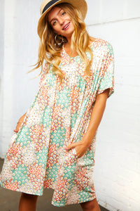 Patchwork Coral and Mint Floral Babydoll Pocketed Dress