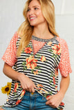 Coral Stripe Print and Floral Raglan Top